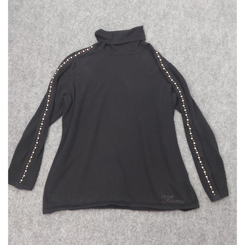 Harley Davidson Sweater Womens 1X Black Turtleneck Studded Arms Pullover Logo